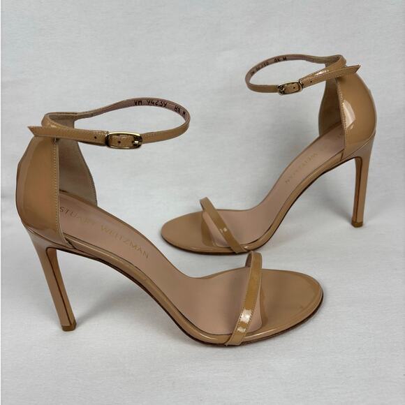 Stuart Weitzman Nudistsong Stiletto Ankle Wrap patent Leather Heels 8.5 Nude - Picture 2 of 12